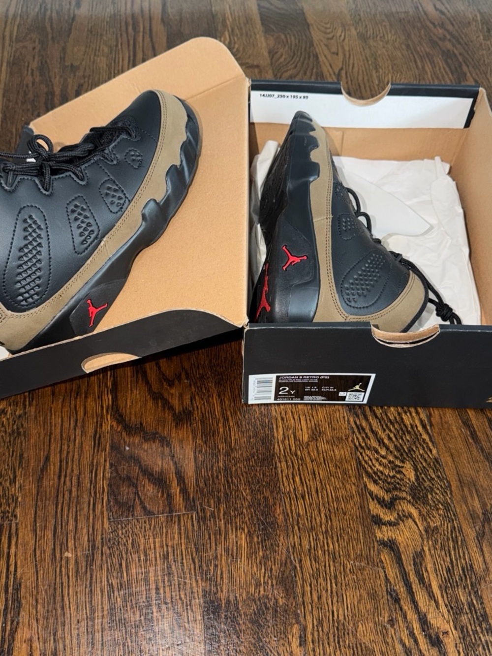 Jordan Little Kids Black and Olive Green Basketball Sneakers with Red Jumpman